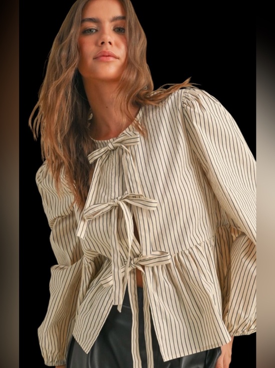Miou Muse Tops - Miou Muse Cream Pinstripe Tie-Front Woven Blouse Top Bubble Long Sleeve Size M